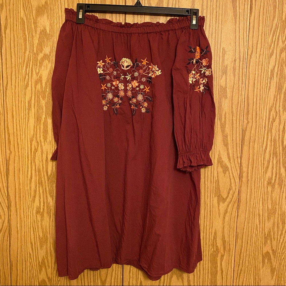 Justify, Maroon, Off Shoulder, Floral Embroidery Boho dress XL